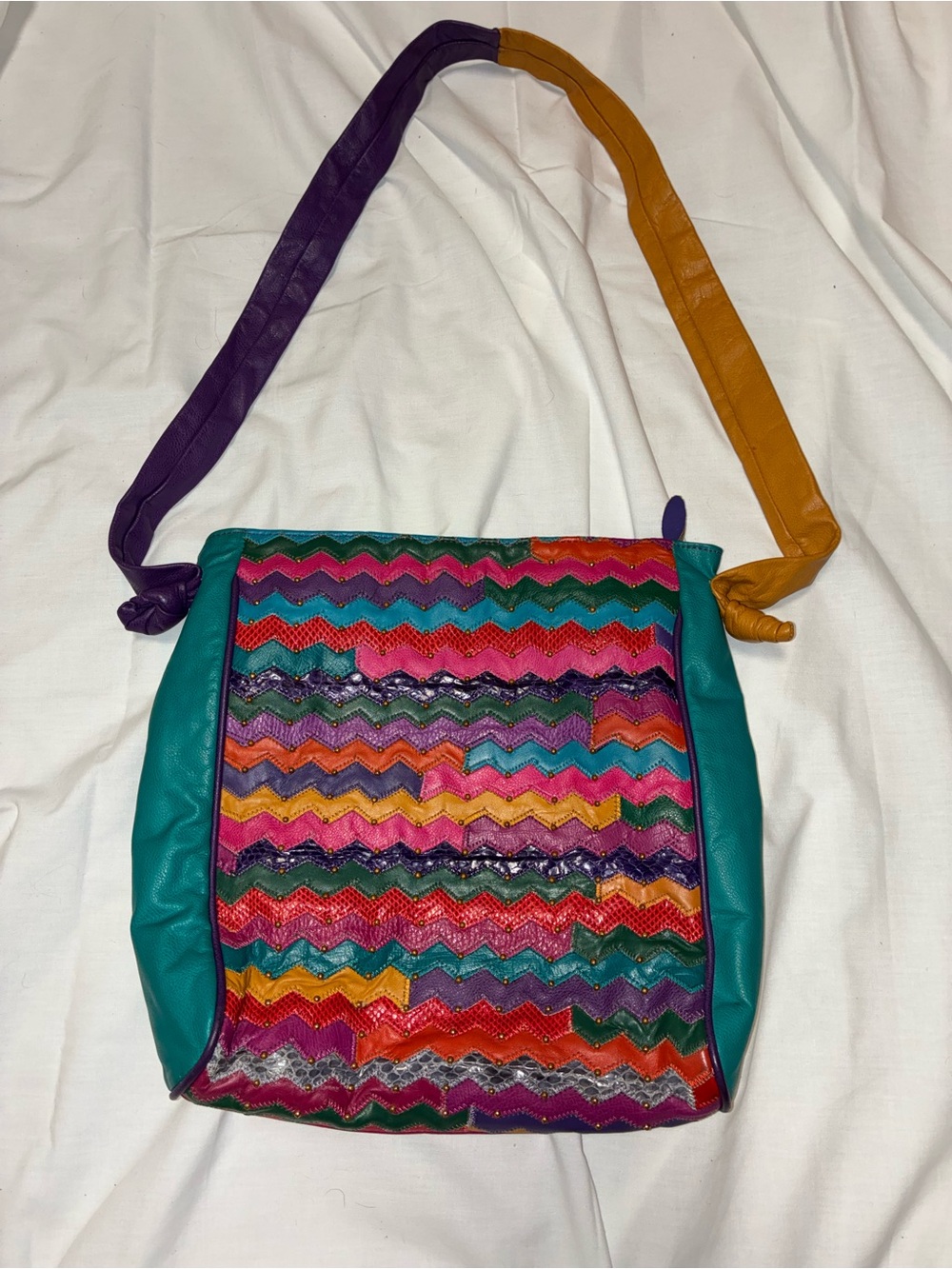 Bags by Pinky Vintage Vibrant Multicolor Chevron Crossbody Bag with Teal Sides